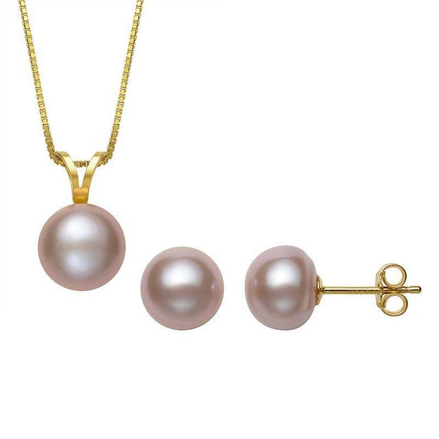 14K Gold over Silver Freshwater Pearl Earring & Pendant Necklace Set, Womens Pink White Product Image