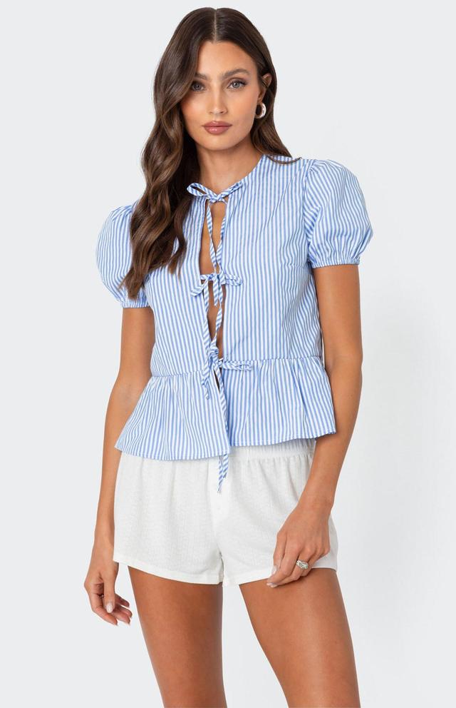 Edikted Women's Puffed Sleeve Tie Front Top in Blue/White - Product Image