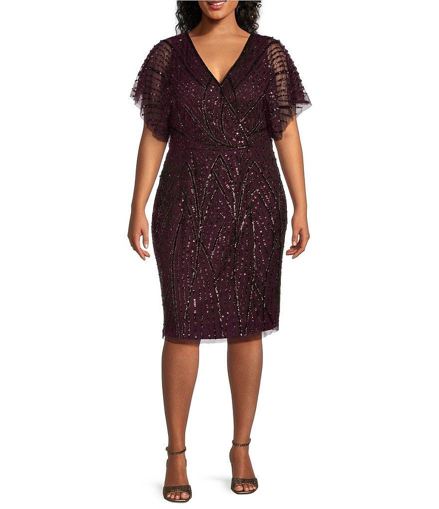 Adrianna Papell Plus Size Beaded Mesh V-Neck Dolman Sleeve Sheath Dress Product Image