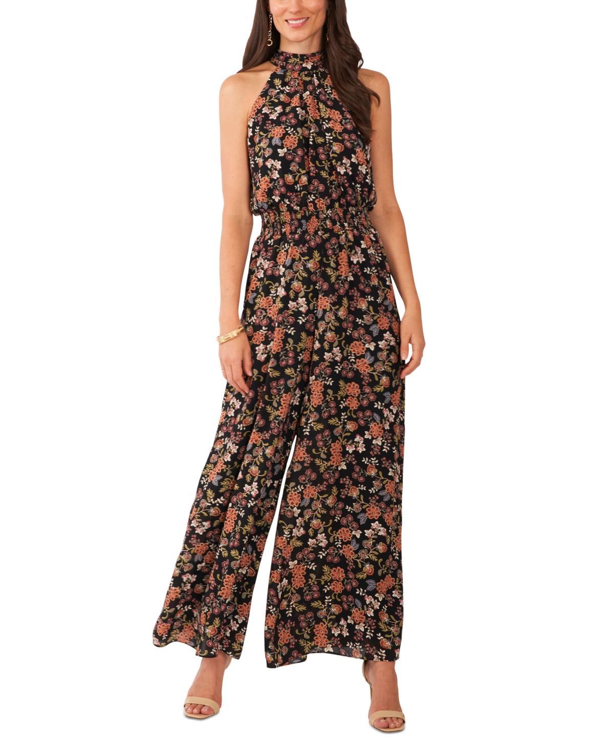 Vince Camuto Womens Printed Tie-Back Smocked-Waist Wide-Leg Halter Jumpsuit Product Image