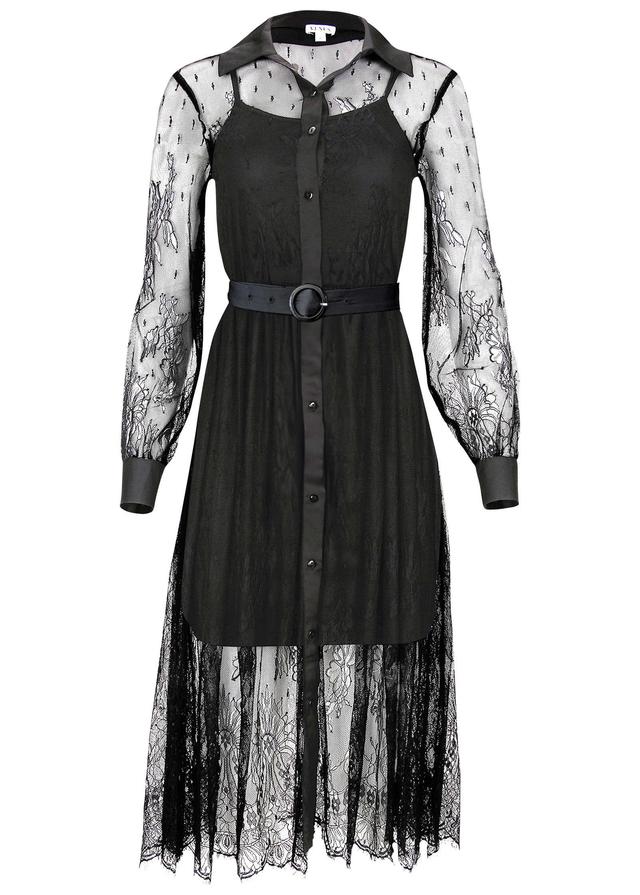 Lace Belted Midi Dress - Black Product Image