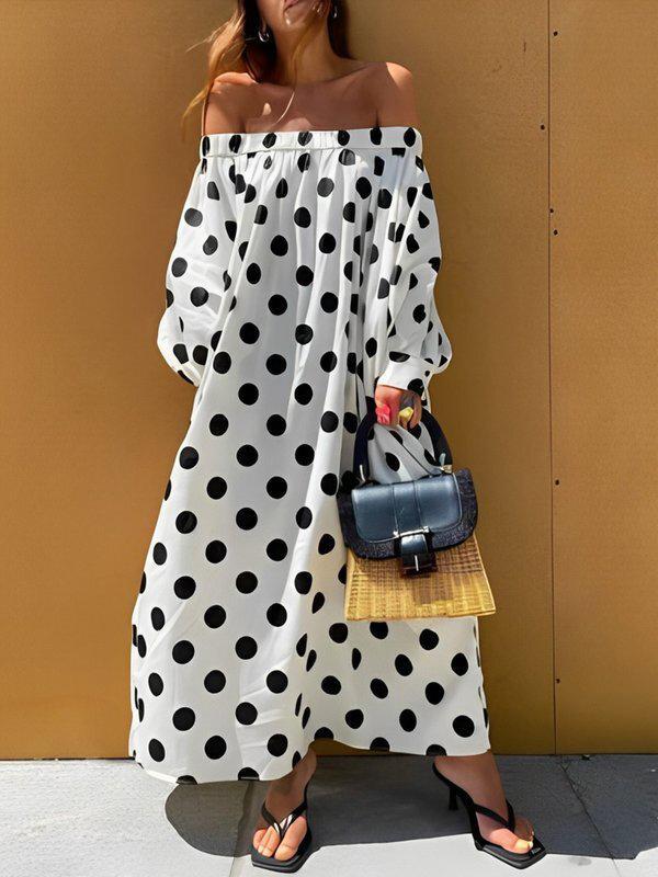 A-Line Long Sleeves Elasticity Polka-Dot Split-Joint Off-The-Shoulder Maxi Dresses Product Image