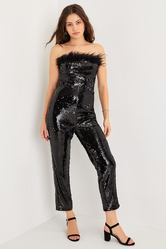 Dazzling Glam Black Sequin Feather Strapless Cropped Jumpsuit Product Image