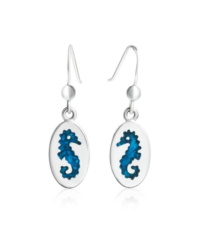 Bling Jewelry Sea Animal Nautical Beach Vacation Inlay Enamel Blue Oval Seahorse Dangling Earrings For Women .925 Sterling Silver Fish Hook - Silver b Product Image