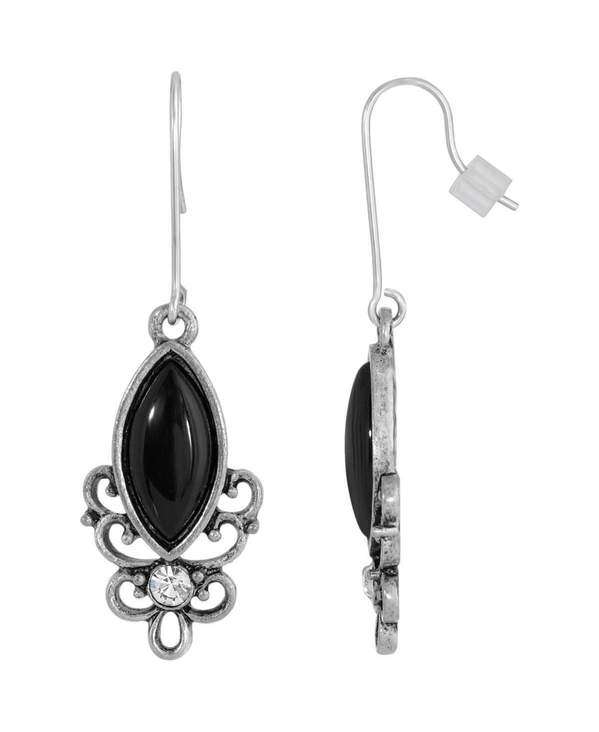 1928 Silver Tone Stone Filigree Drop Earrings, Womens, Black Product Image