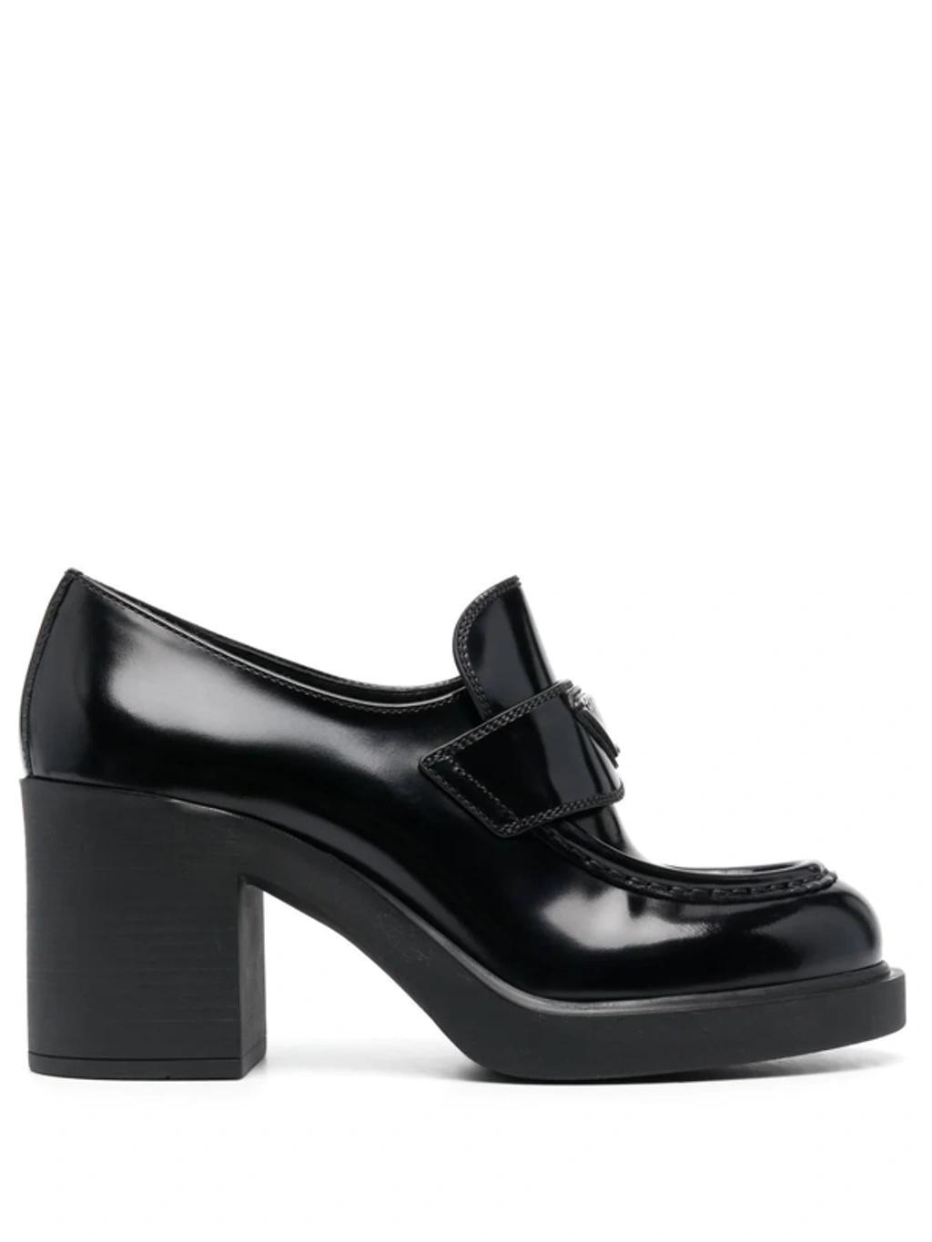 PRADA Chocolate High-heeled Brushed Leather Loafers In Black product image