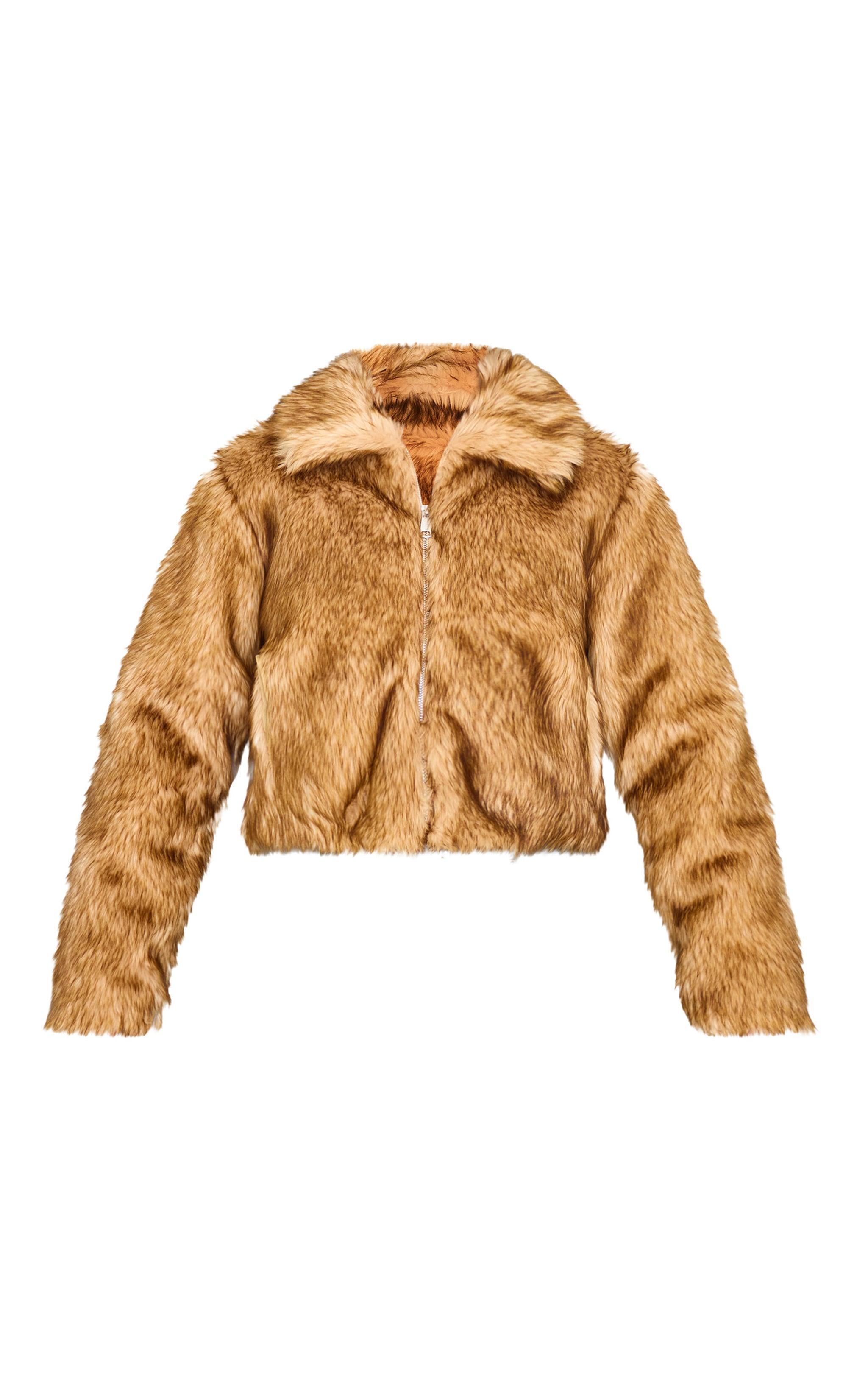 Brown Natural Faux Fur Collar Detail Zip Up Jacket Product Image