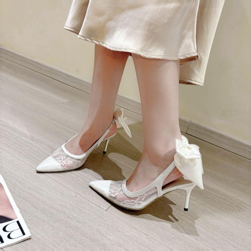 Stiletto Pointed Toe Bow Accent Lace Slingback Sandals Product Image