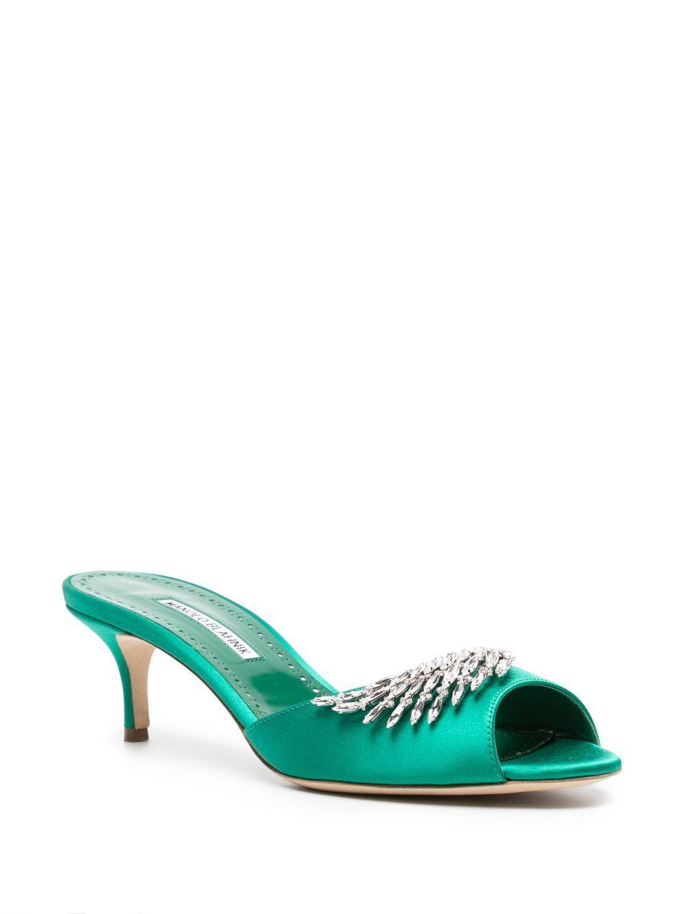 MANOLO BLAHNIK 50mm Lumada Satin Mules In Green Product Image