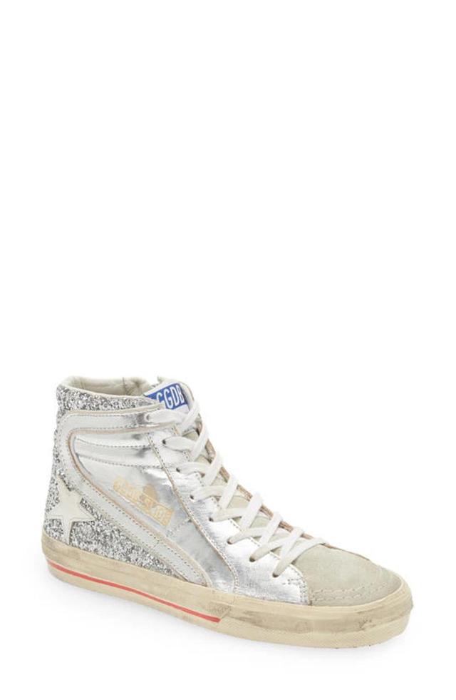 Glitter-detail Leather High-top Sneakers In Silver_ice_white Product Image