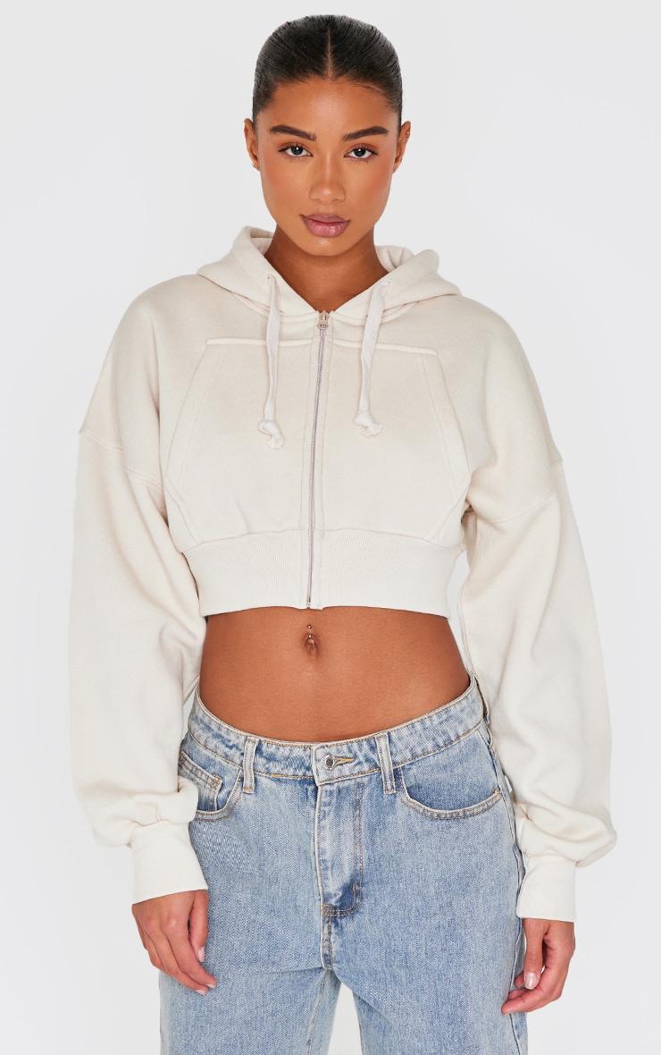 Cream Zip Up Pocket Detail Cropped Hoodie Product Image