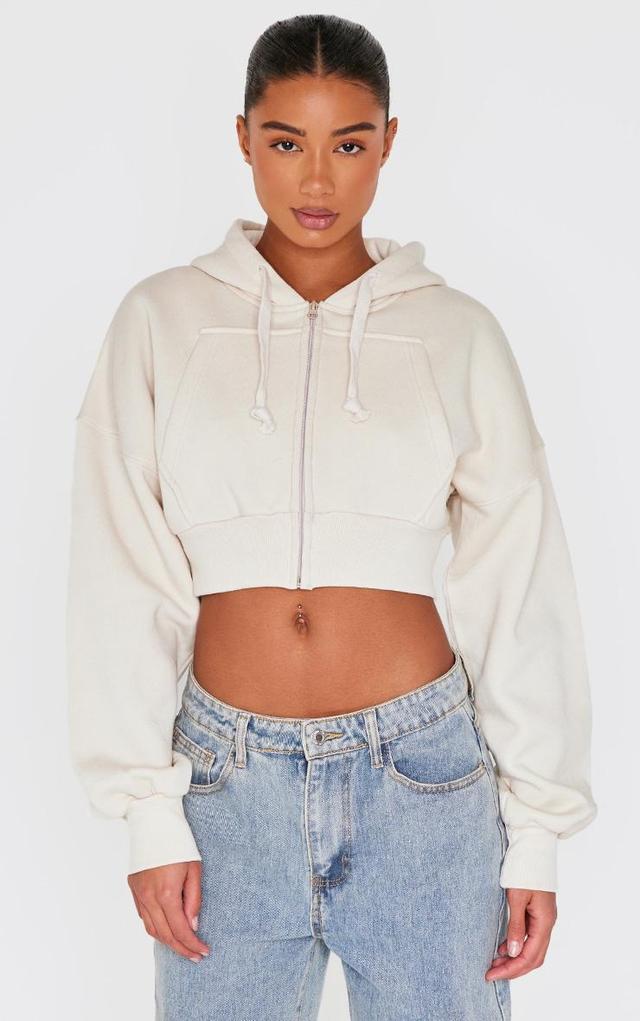 Cream Zip Up Pocket Detail Cropped Hoodie Product Image