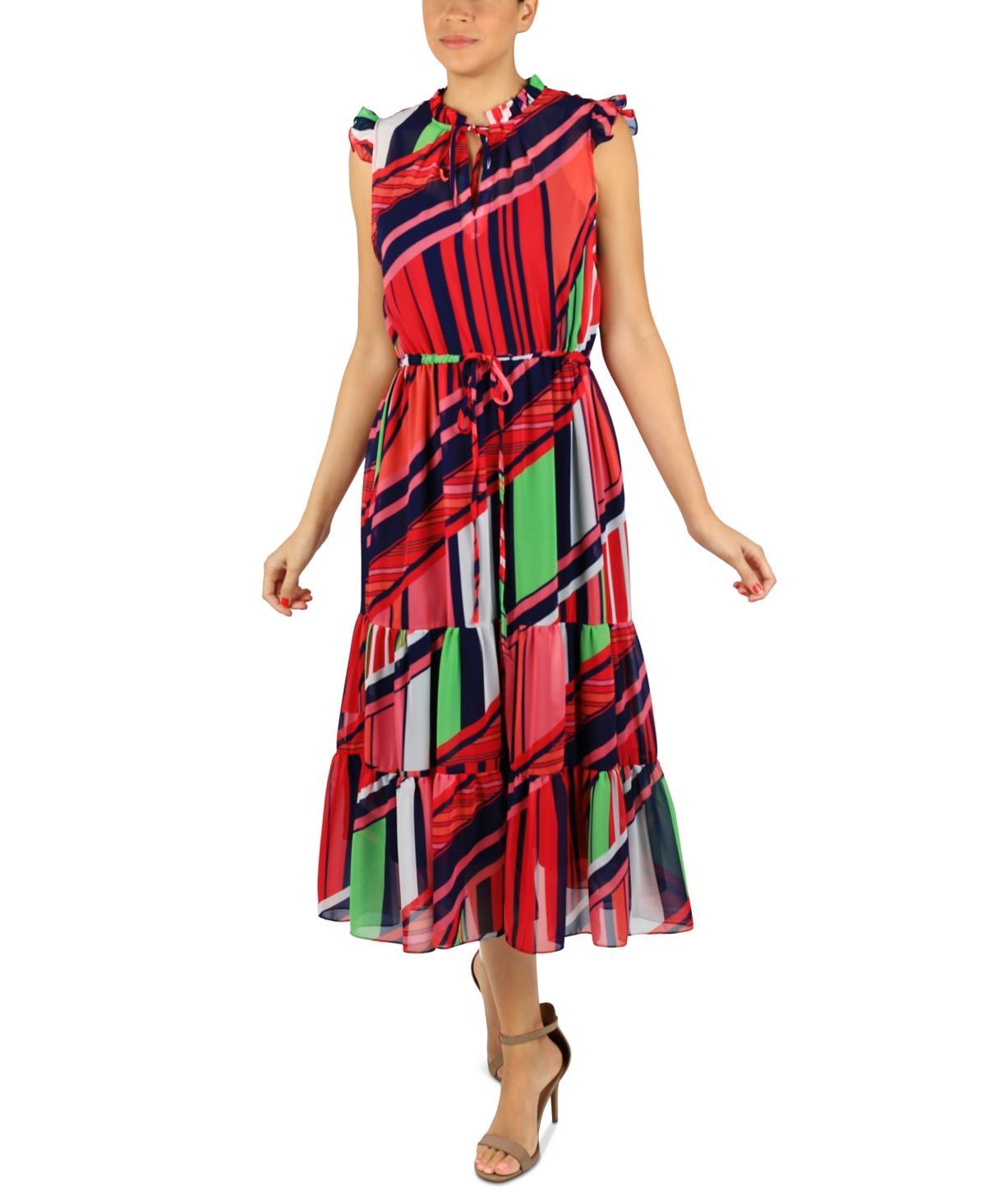 julia jordan Womens Printed Ruffle-Neck Tie-Waist Midi Dress Product Image