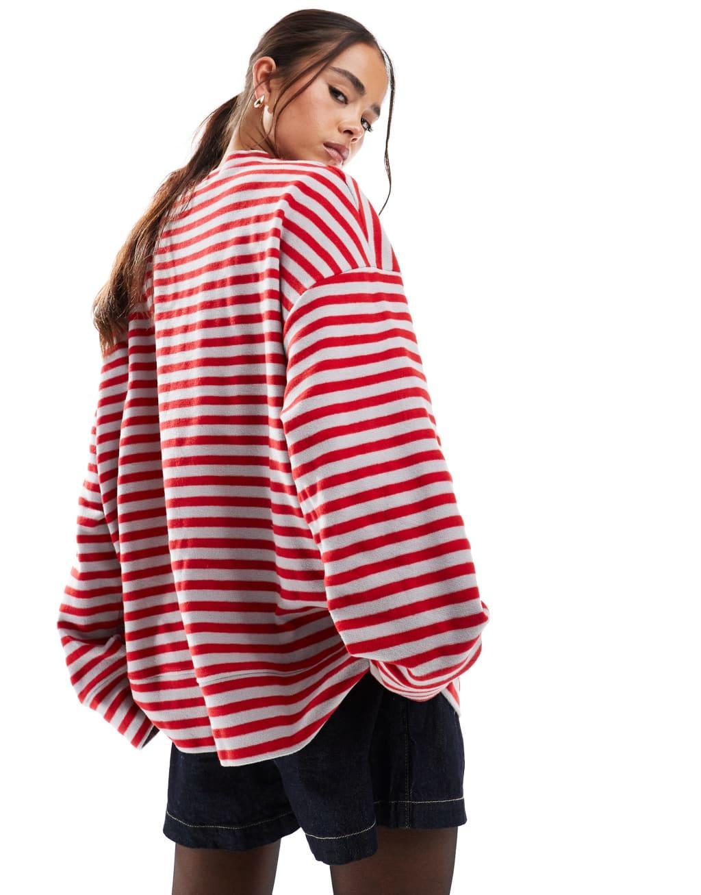 ASOS DESIGN super soft oversized henley in red and charcoal stripe Product Image