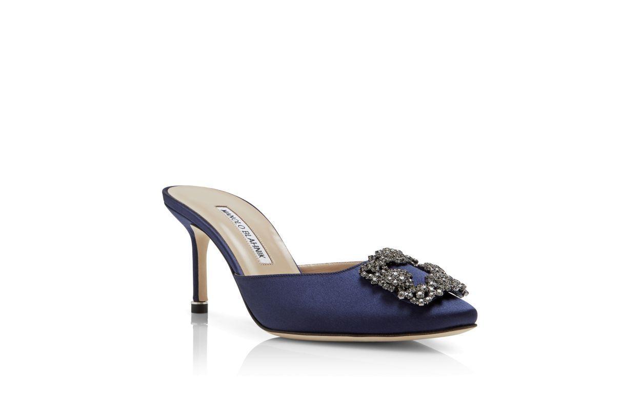 HANGISIMU Navy Blue Satin Jewel Buckle Mules Product Image