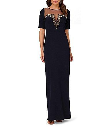 Adrianna Papell Stretch Crepe Beaded Illusion Crew Neck Short Sleeve Sheath Gown Product Image