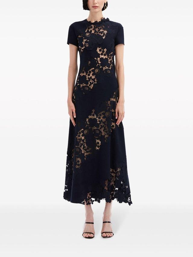 OSCAR DE LA RENTA Diagonal Botanical Guipure Inset Cap-sleeve Open-back Maxi Dress In Navy Product Image