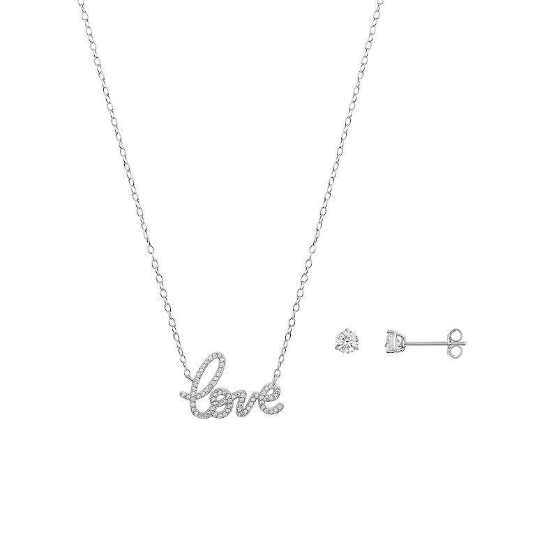 PRIMROSE Sterling Silver Cubic Zirconia Love Script Necklace & Stud Earring Duo Set, Womens Product Image