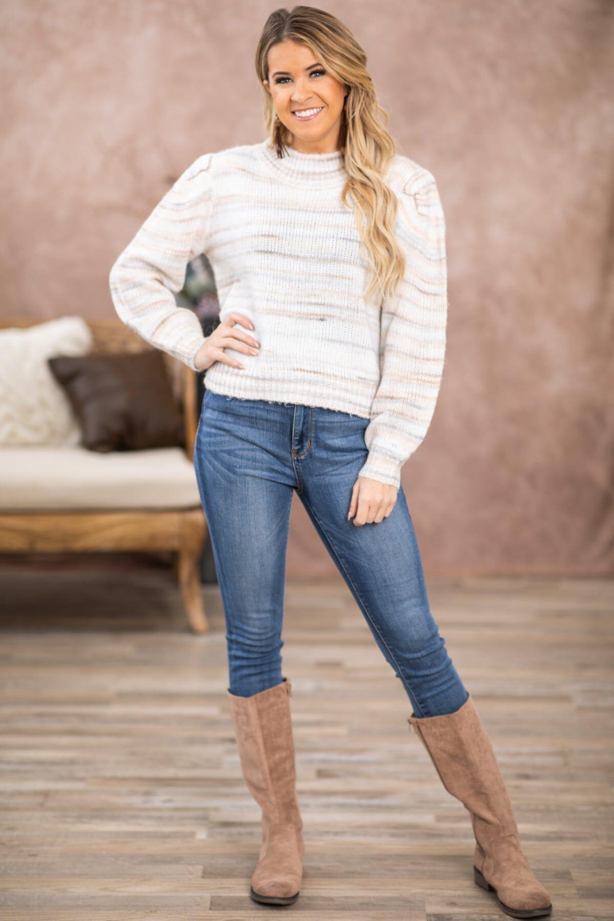 Tan and Grey Melange Mock Neck Sweater Product Image