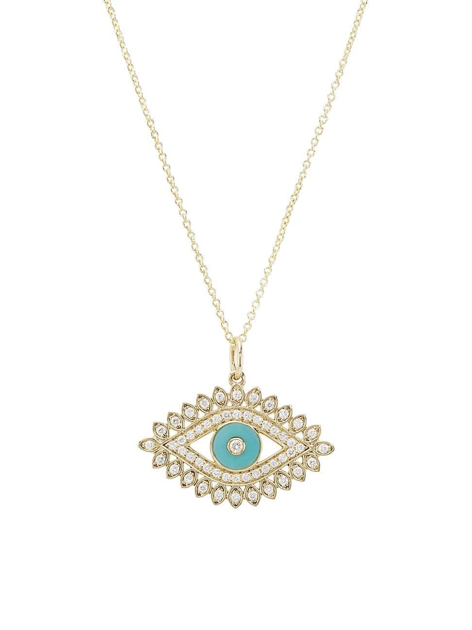 Womens Overboard 14K Yellow Gold, Turquoise & 0.23 TCW Diamond Evil Eye Pendant Necklace Product Image