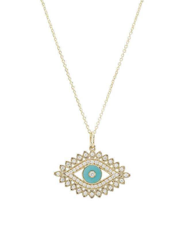 Womens Overboard 14K Yellow Gold, Turquoise & 0.23 TCW Diamond Evil Eye Pendant Necklace Product Image