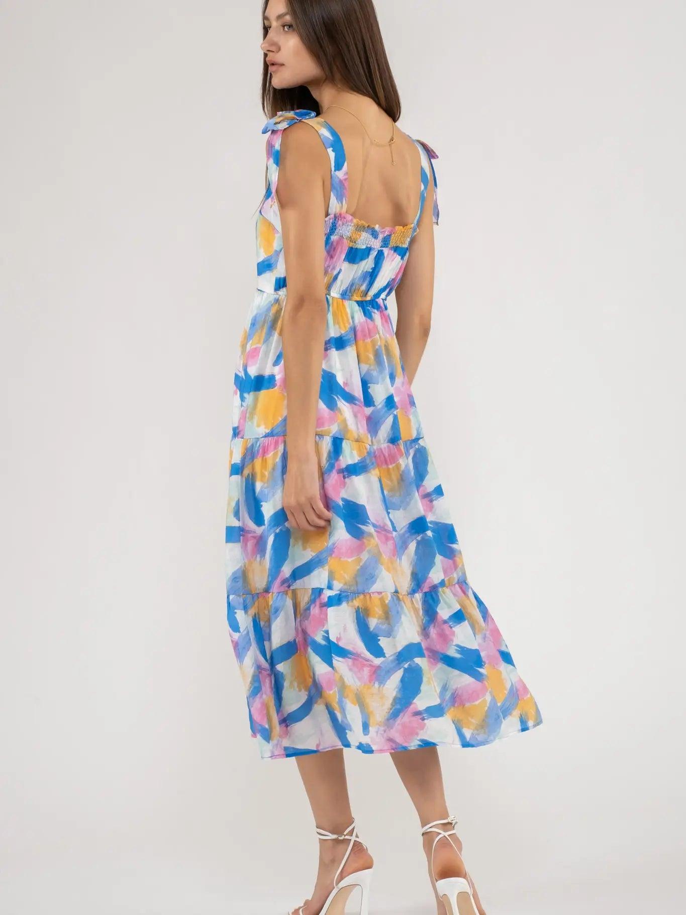 Watercolor Brush Stroke Print Tiered Midi Dress Female Product Image