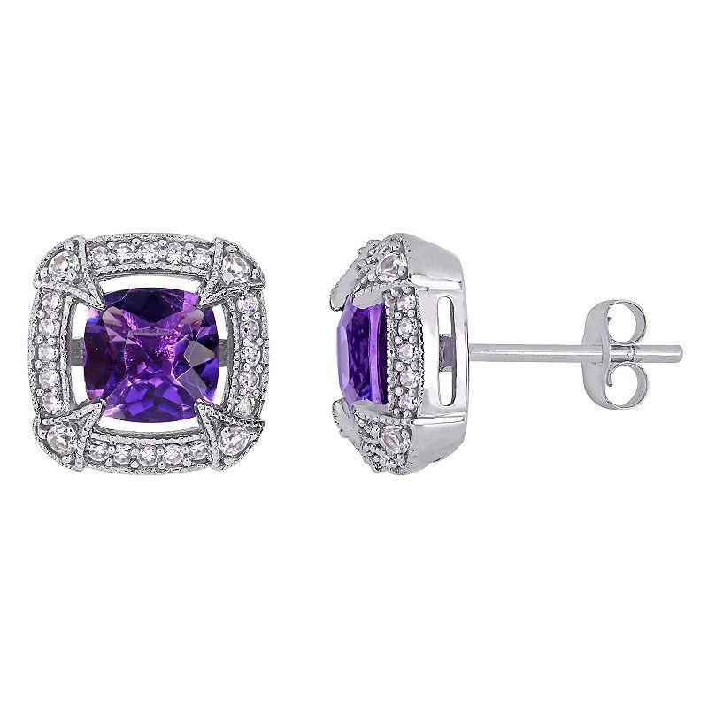 Stella Grace 10k White Gold Amethyst, White Sapphire & 1/5 Carat T.W. Diamond Halo Stud Earrings, Womens, 10k Whgold Product Image