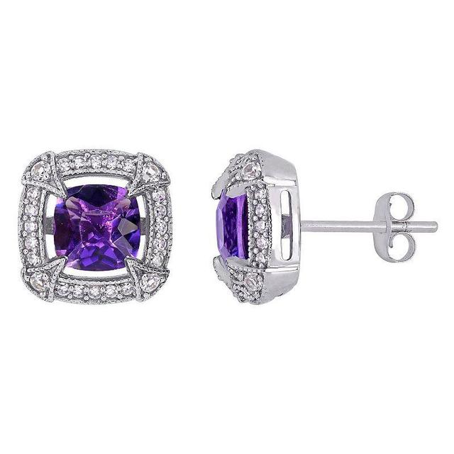 Stella Grace 10k White Gold Amethyst, White Sapphire & 1/5 Carat T.W. Diamond Halo Stud Earrings, Womens, Purple Product Image