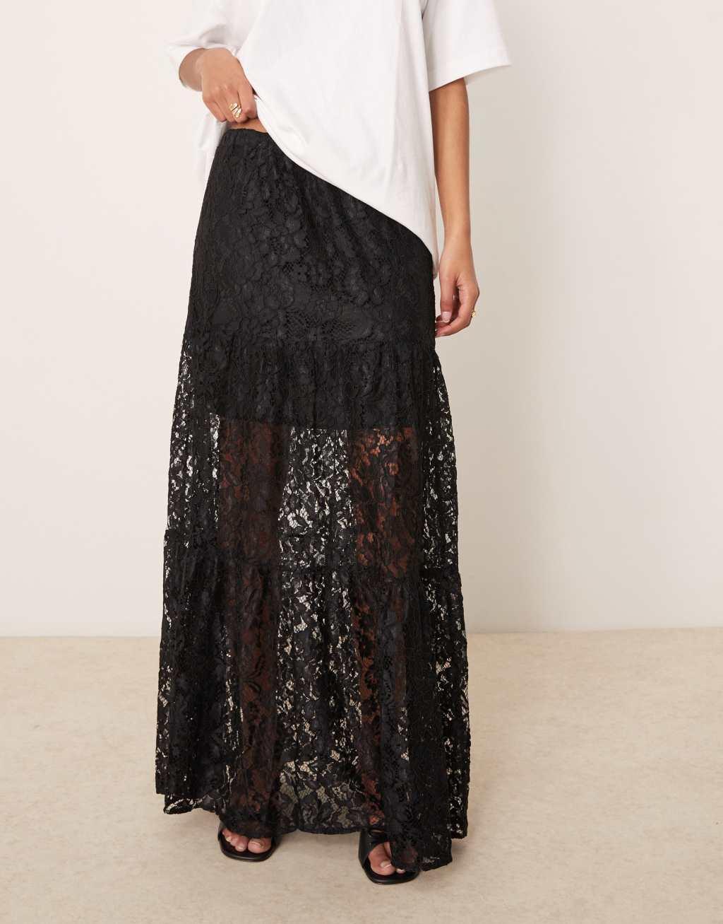 ASOS DESIGN lace tiered maxi skirt with lining in black Product Image