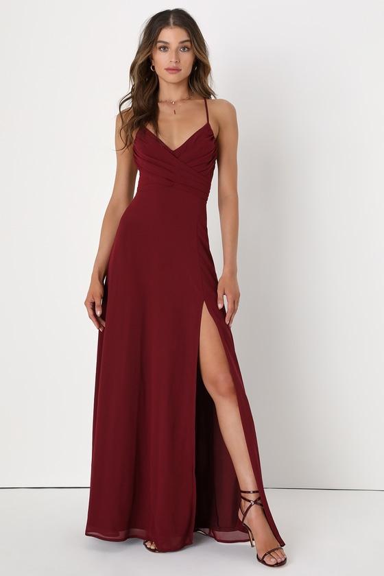 Event Ready Burgundy Backless Lace-Up Maxi Dress Product Image