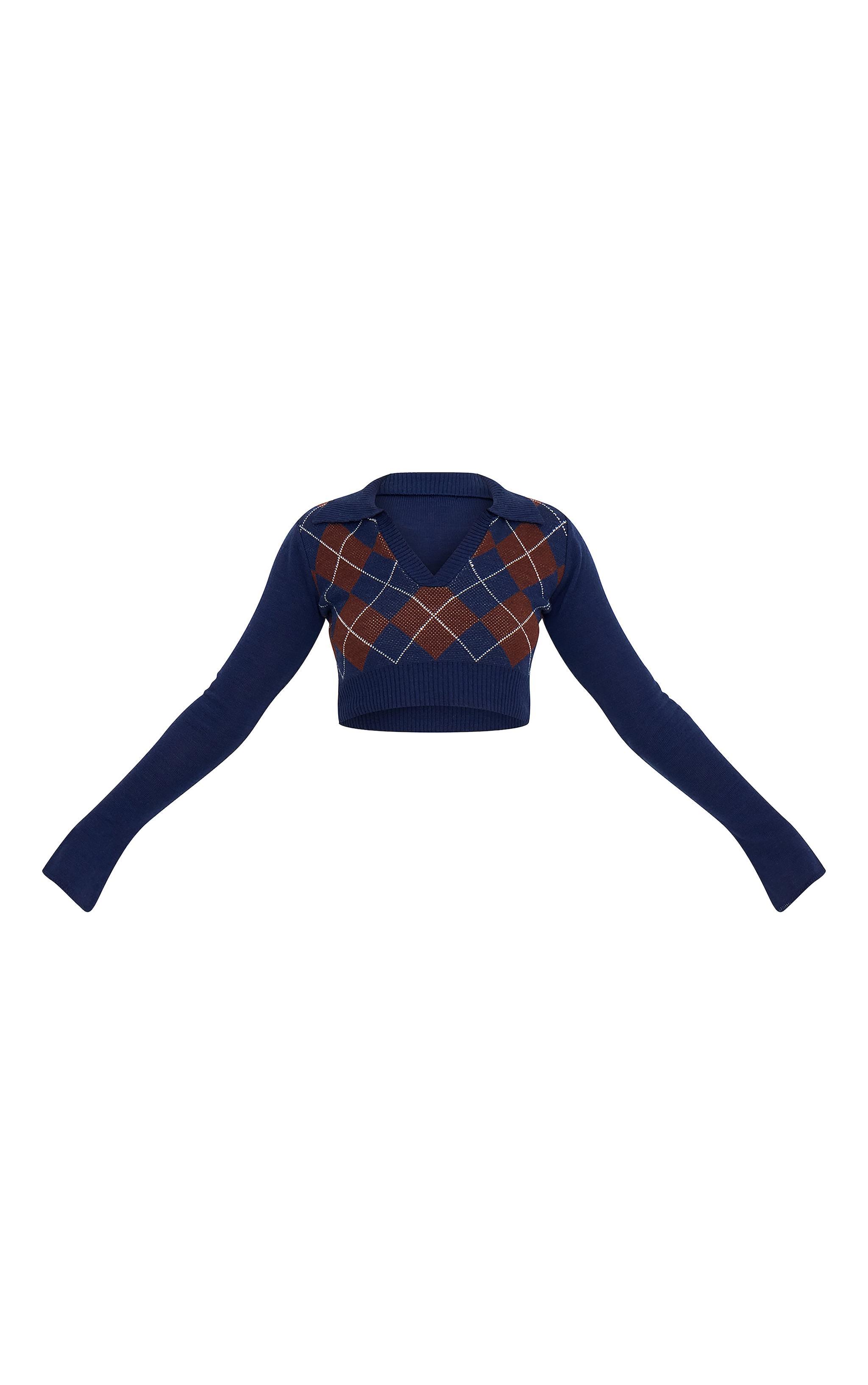 Navy Argyle Jacquard Knitted Collar Detail Cropped Sweater Product Image