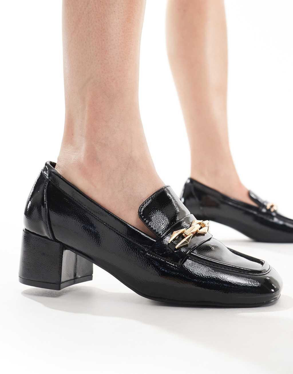 Glamorous Wide Fit heeled loafers in black patent Product Image