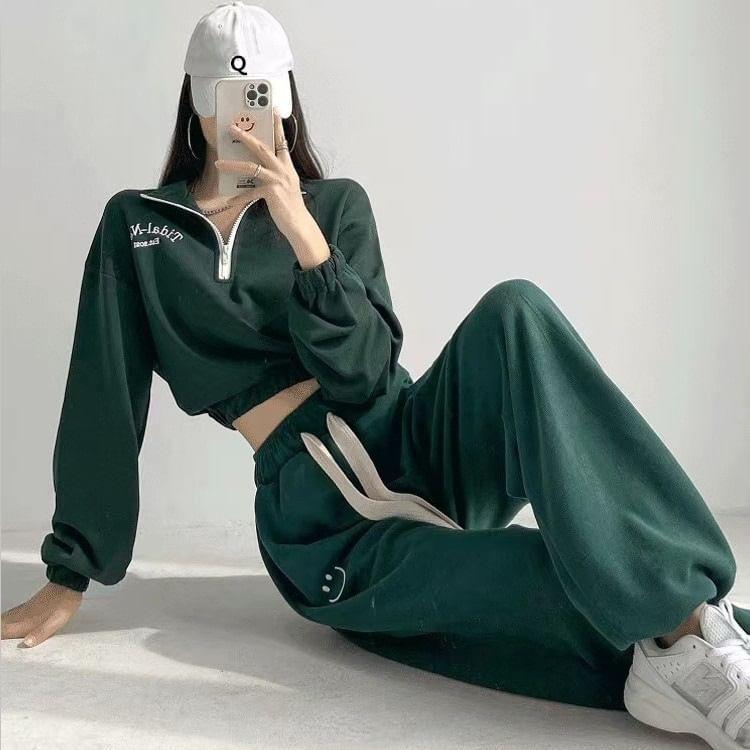 Set: Collar Lettering Embroidered Half-Zip Cropped Sweatshirt + Drawstring Waist Smiley Face Loose Fit Sweatpants Product Image