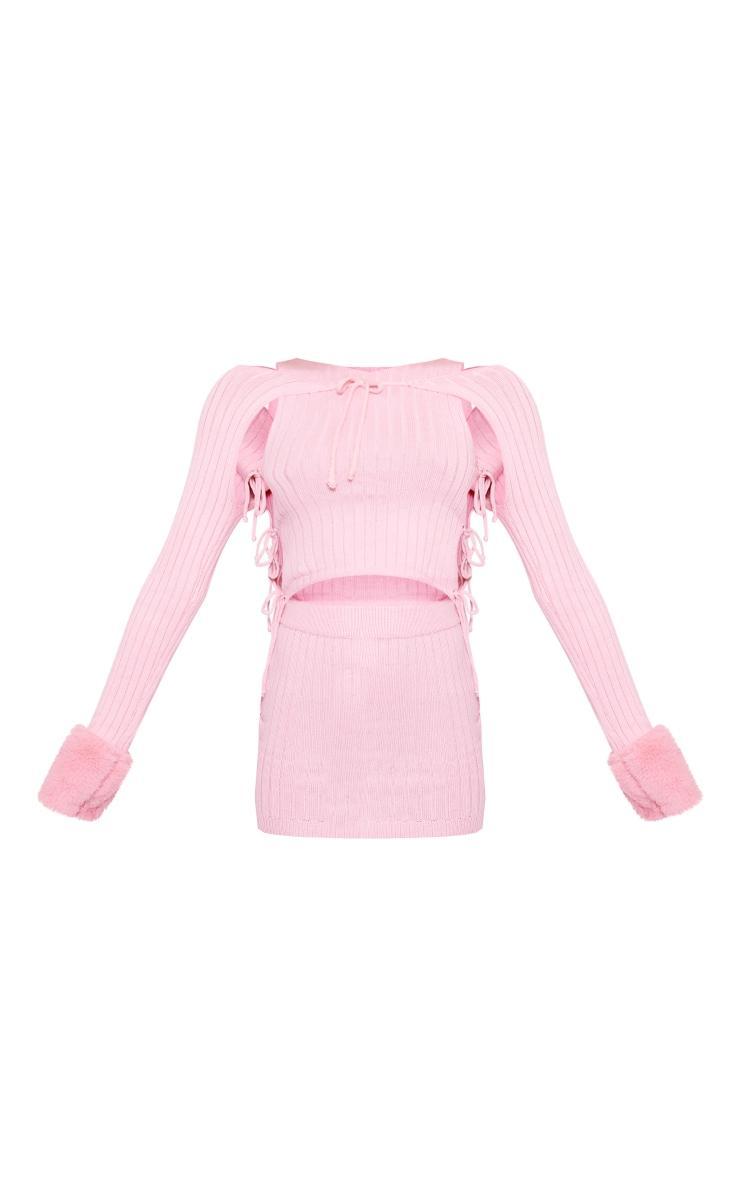 Pink Knit Lace Up Crop Top & Mini Skirt & Faux Fur Sleeves Product Image