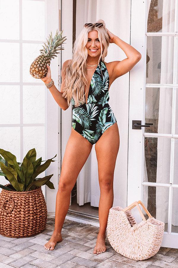 Tropical Destination Ribbed One Piece Swimsuit in Black Product Image