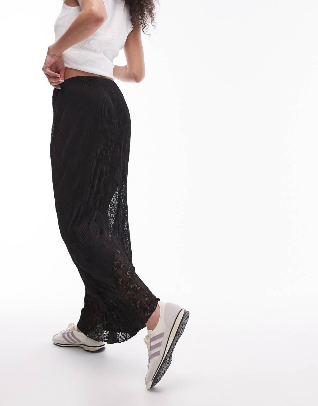 Topshop plisse lace mix jersey skirt in black Product Image