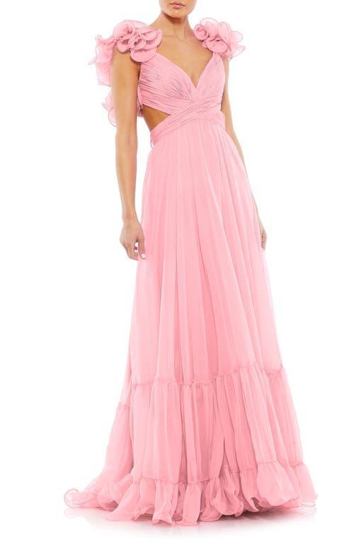 Ieena Mac Duggal Chiffon V-Neck Sleeveless Cut-Out Strappy Back Detail Tiered Ruffle Hem Gown Product Image