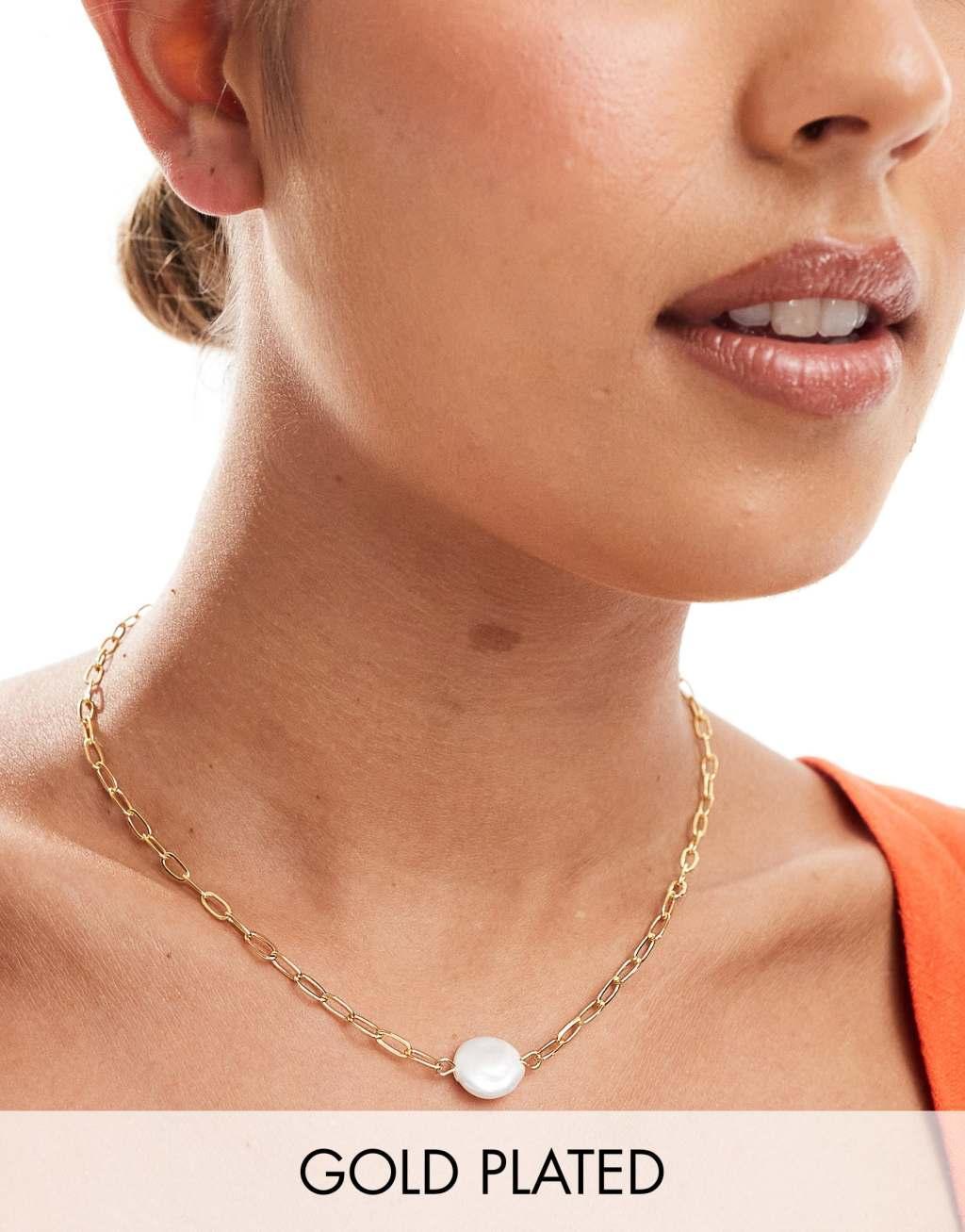 ASOS DESIGN 14k gold plated necklace with faux pearl detail Product Image