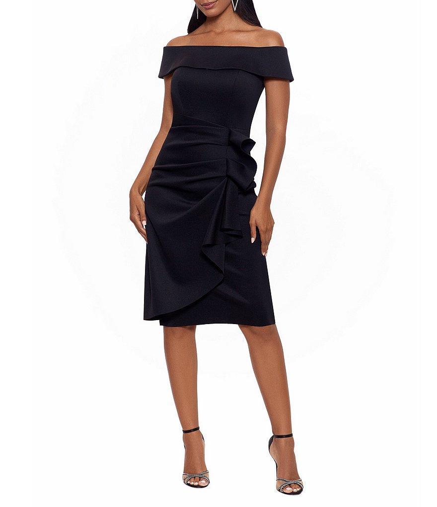 Xscape Off-the-Shoulder Cap Sleeve Sheath Ruched Side Scuba Dress Product Image