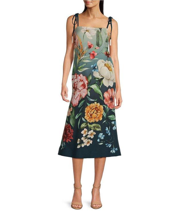 Mestiza New York Tropez Stretch Crepe Floral Print Square Neck Bow Strap Reversible Midi Fit and Flare Dress Product Image