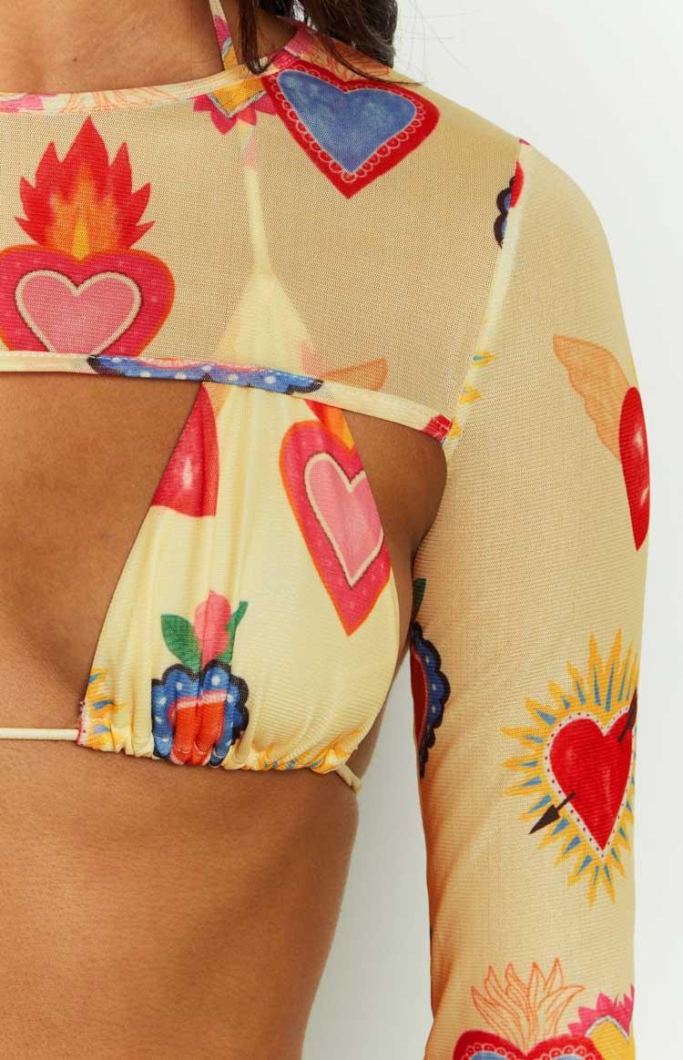 Enya Yellow Heart Printed Mesh Bra And Crop Set Product Image