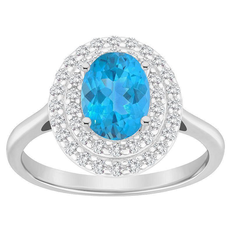 Celebration Gems Sterling Silver Oval-Cut Swiss Blue Topaz & White Topaz Double Halo Ring, Womens Product Image