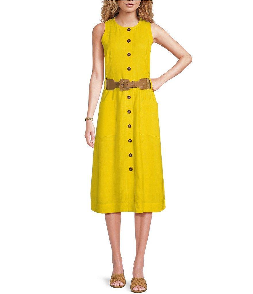 Gibson & Latimer Round Neck Sleeveless Button Front Belted A-Line Midi Dress Product Image