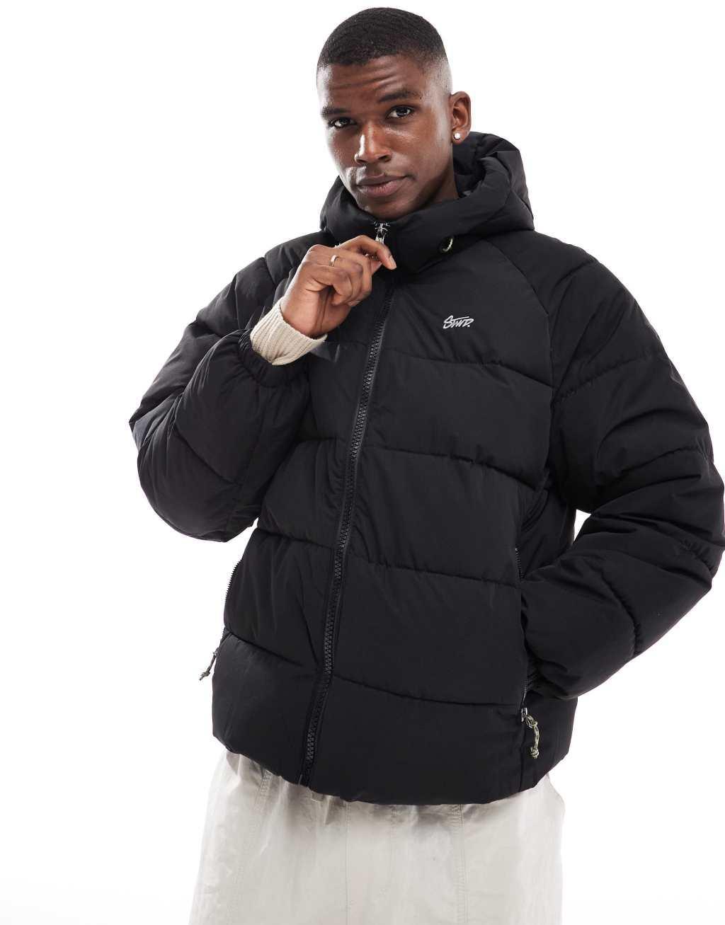  Pull&Bear puffer jacket with hood in black Product Image