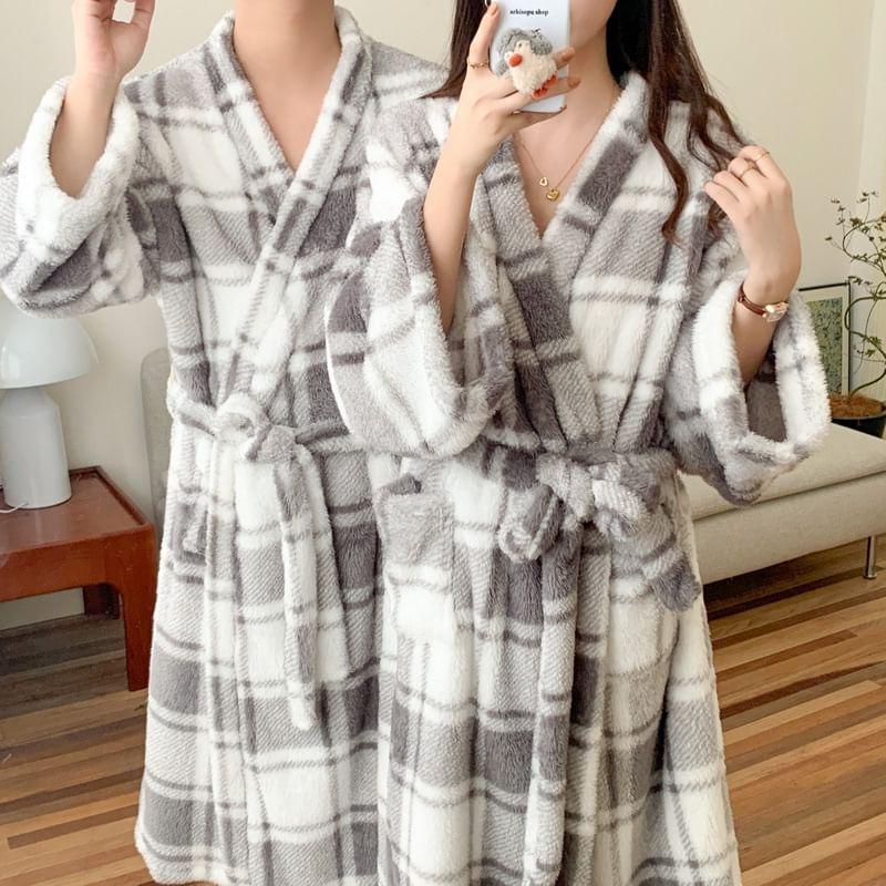 Couple Matching V-Neck Plaid Tie Waist Fleece Pajama Robe Product Image