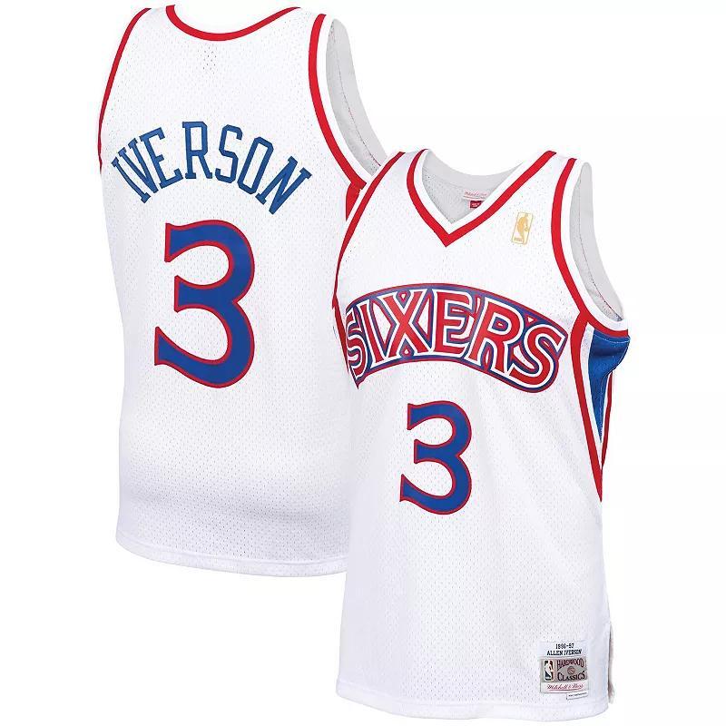 Mens Mitchell & Ness Allen Iverson White Philadelphia 76ers 1996-97 Hardwood Classics Swingman Jersey Product Image