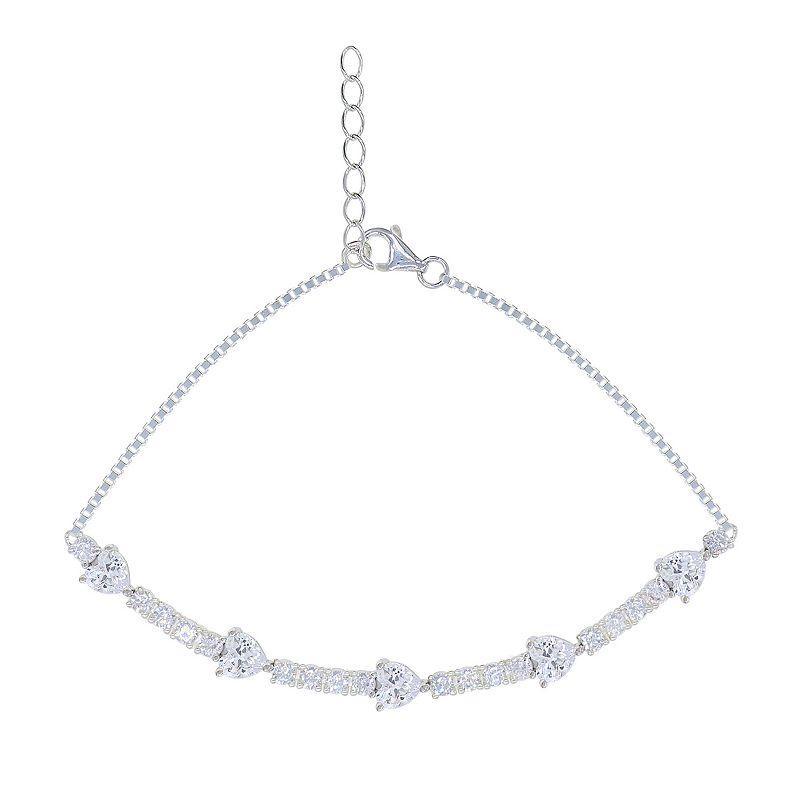 Sterling Silver Cubic Zirconia Heart Chain Bracelet, Womens Product Image