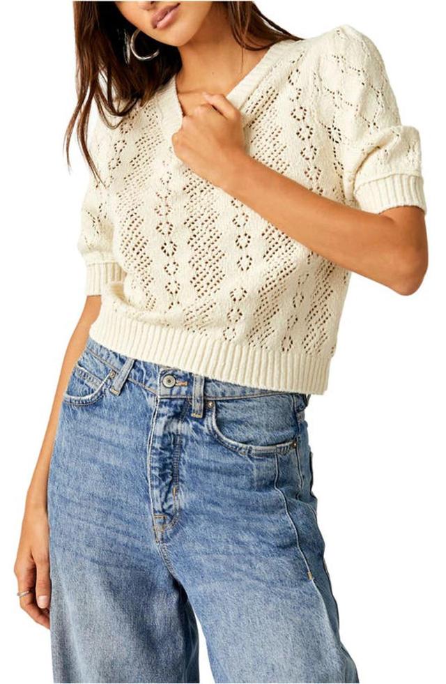 Eloise Open Stitch Puff Shoulder Sweater In Tofu Combo Product Image