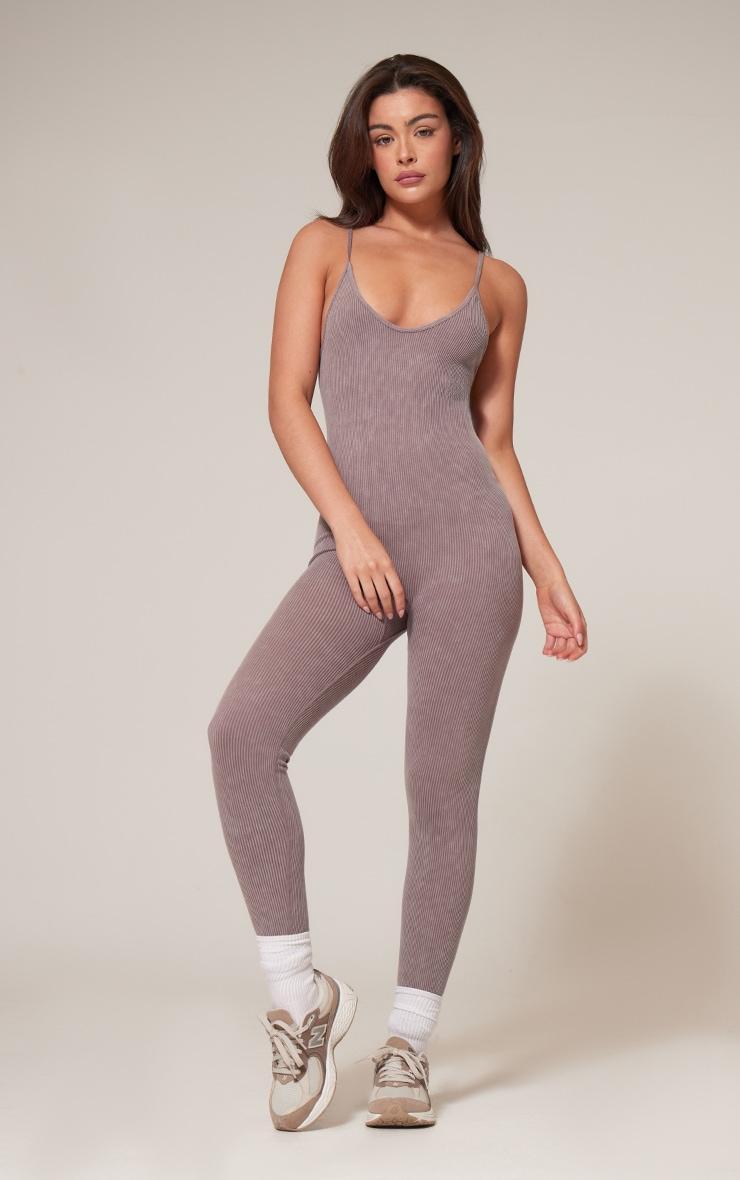 Taupe Faded Contour Rib Strappy Scoop Back Jumpsuit Product Image