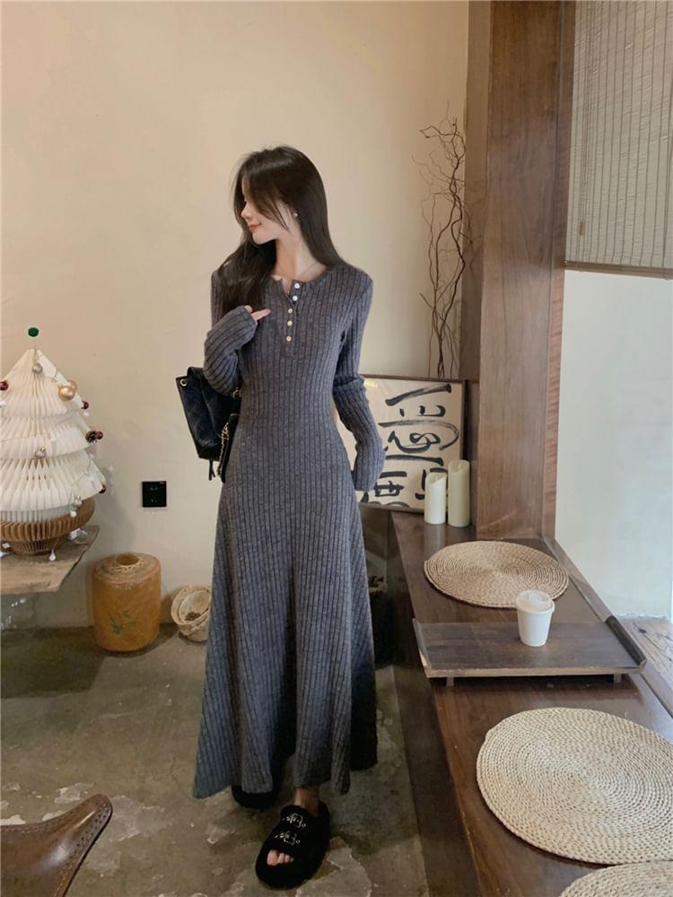 Long-Sleeve Henley Melange Ribbed Midi A-Line Knit Dress Product Image